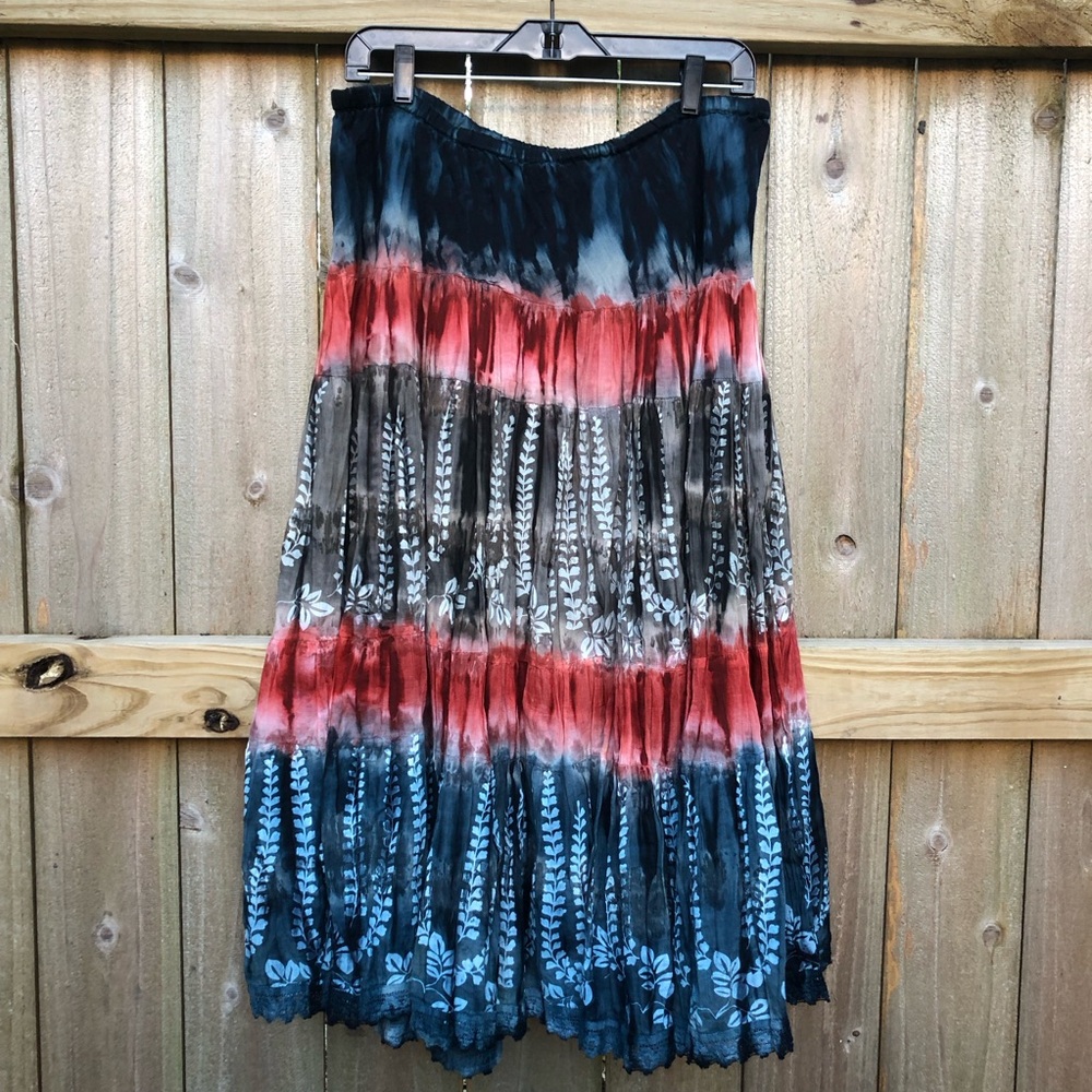 Lola P. Tiered Midi Skirt Size PL Teal Red Gray Tie Dye Lace Trim Leaf